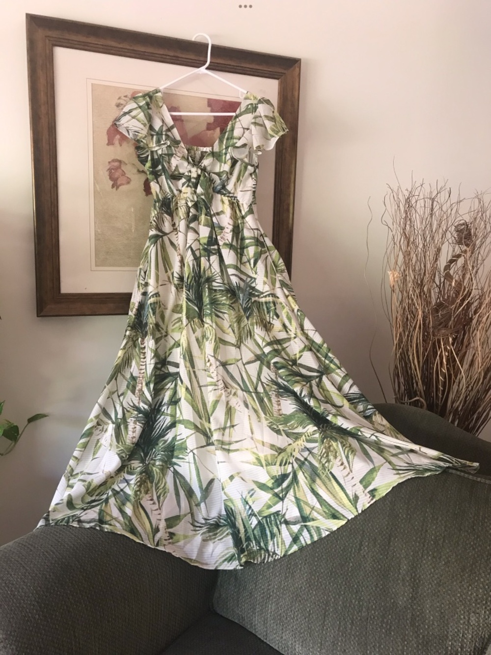 TAYLOR Tropical Bamboo Palms Maxi Dress with Pockets Tie Bodice Smocked EUC Sz 6 - Picture 2 of 12